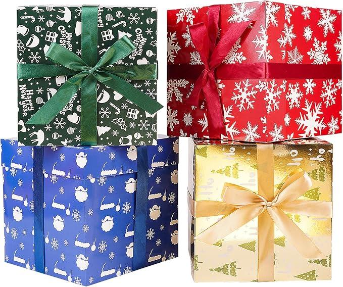 JWSCYSY Assorted Designs Christmas Gift Boxes with Lids, Tissue Papers and Ribbons, Medium Square Gift Boxes  12 Pcs (8.7 Inch), Gift Wrapping Christmas Holiday New Year Presents Party Favor Boxes.