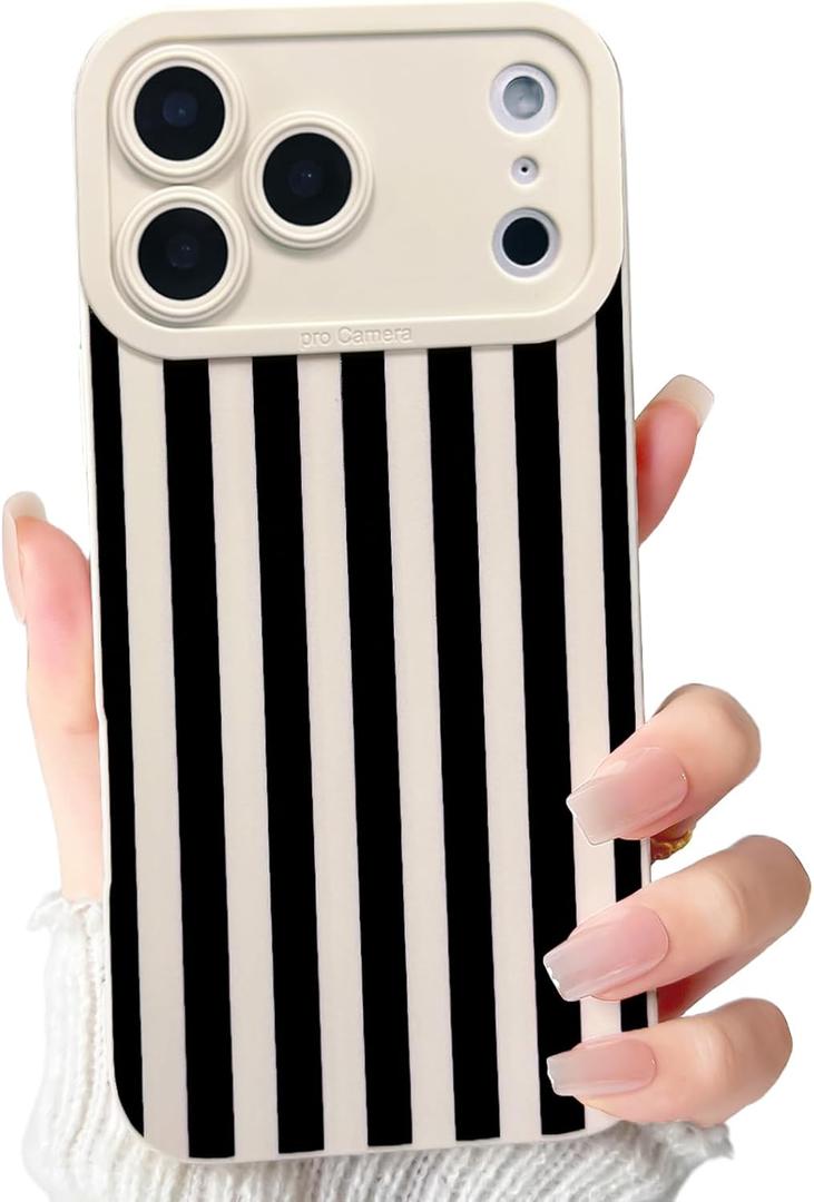 NITITOP Compatible for iPhone 17 Pro Max Case Cute Stylish Line Stripe Pattern Design for Women Girls Soft TPU Shockproof Full Camera Protective Phone Cover - White Black
