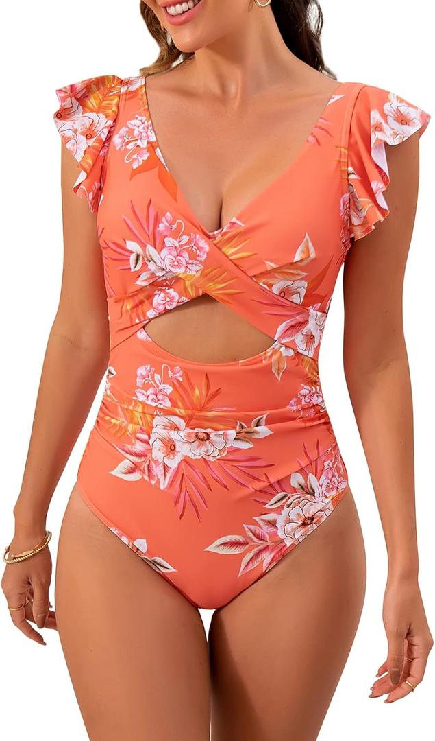 B2prity Women's One Piece Swimsuit Ruffle Cutout Bathing Suits Slimming Tummy Control V Neck Wrap Swimwear (X-Large, Orange Print)