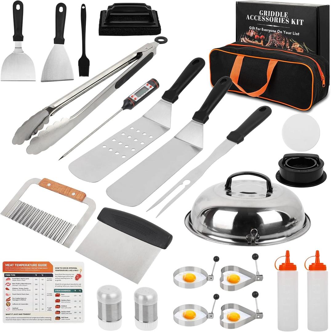 Griddle Accessories Kit, 25pcs Flat top Griddle Cooking Accessory Set for Blackstone and Camp Chef with Scraper, Fork, Tongs, Burger Press, Basting Cover, Egg Ring for Outdoor/Camping BBQ