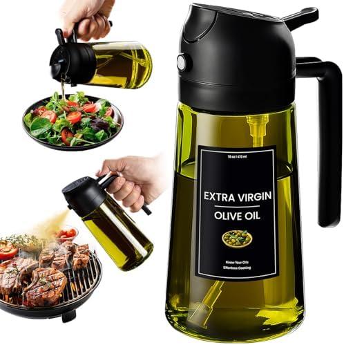 CXINYI - 16oz/470ml Olive Oil Dispenser for Kitchen with Stickers - 2 in 1 Olive Oil Sprayer for Cooking, Air Fryer, and Salad, Black (Light-Proof Kitchen Gadget)