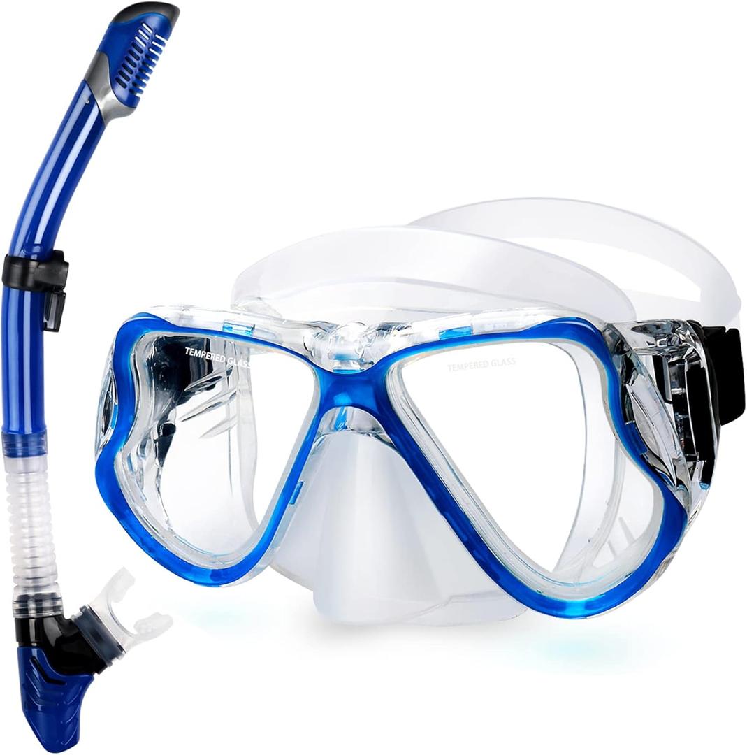 Greatever Dry Snorkel Set,Panoramic Wide View Anti-Fog Scuba Diving Mask,Professional Snorkeling Gear for Adults Kids (Small, Blue)