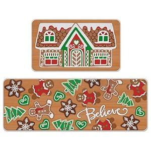 Tailus Christmas Gingerbread House Kitchen Rugs Set of 2, Red Gingerbread Man Xmas Tree Hearts Cookies Floor Mats Decor, Winter Holiday Believe Door Mat Home Decorations - 17x29 and 17x47 Inches