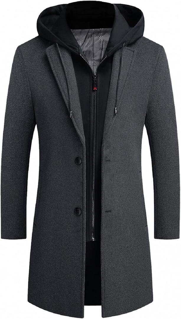 iCKER Mens Trench Coat Winter Wool Blend Jacket Overcoat Long Top Coat Warm Pea Coat (XX-Large, 1908-grey)