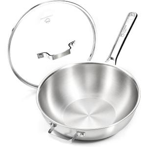 COOKER KING 12" Wok Pan with Lid, Stainless Steel Deep Skillet for Stir-Fry