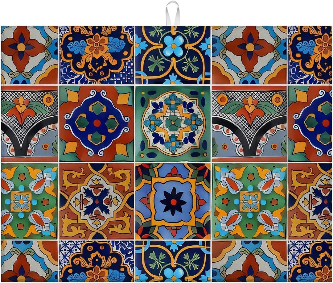 Talavera Mexican Tiles Dish Drying Mat For Kitchen Counter, Super Absorbent Microfiber Dish Drying Pad, Kitchen Gadgets For Easy Clean Multi-Use Large 18"x24"