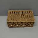 VinneGenzz Macrame Boho Storage Basket with Lid Organza Gift Bags Decorative Wood Beads Bohemian Jewelry Box Bin Handmade Woven Natural Cotton Desk Makeup Organizer Shelf Container (Khaki, Small)