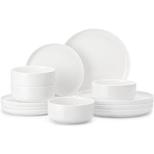 MALACASA 12 Pcs Porcelain Plates and Bowls Sets Dinnerware Set for 4, White Modern Ceramic Dishware Set, Kitchen Dining Ware, Microwave and Dishwasher Safe, Chip Resistant, Series LUNA
