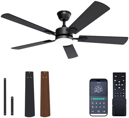 VOLISUN Ceiling Fan with Light, 52 inch Flush Mount Ceiling Fan with Lights and Remote, Dimmable LED Fan Light, Low Profile Ceiling Fan, Black Modern Ceiling Fan for Bedroom, Indoor/Outdoor