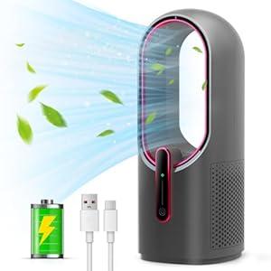 Misby Rechargeable Desk Fan, 5000mAh USB Bladeless Table Fan of 11.8 Inch, Easy to Clean & Touch Control, Grey Desk Fans Small Quiet for Bedroom, Home, Office