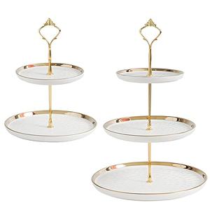 Tosnail Set of 2 Porcelain Cupcake Stand Ceramic Dessert Stand Tiered Serving Trays with Gold Rod, 3 Tiers and 2 Tiers Cake Stand Party Serving Trays Fruit Pastry Holders for Wedding and Party