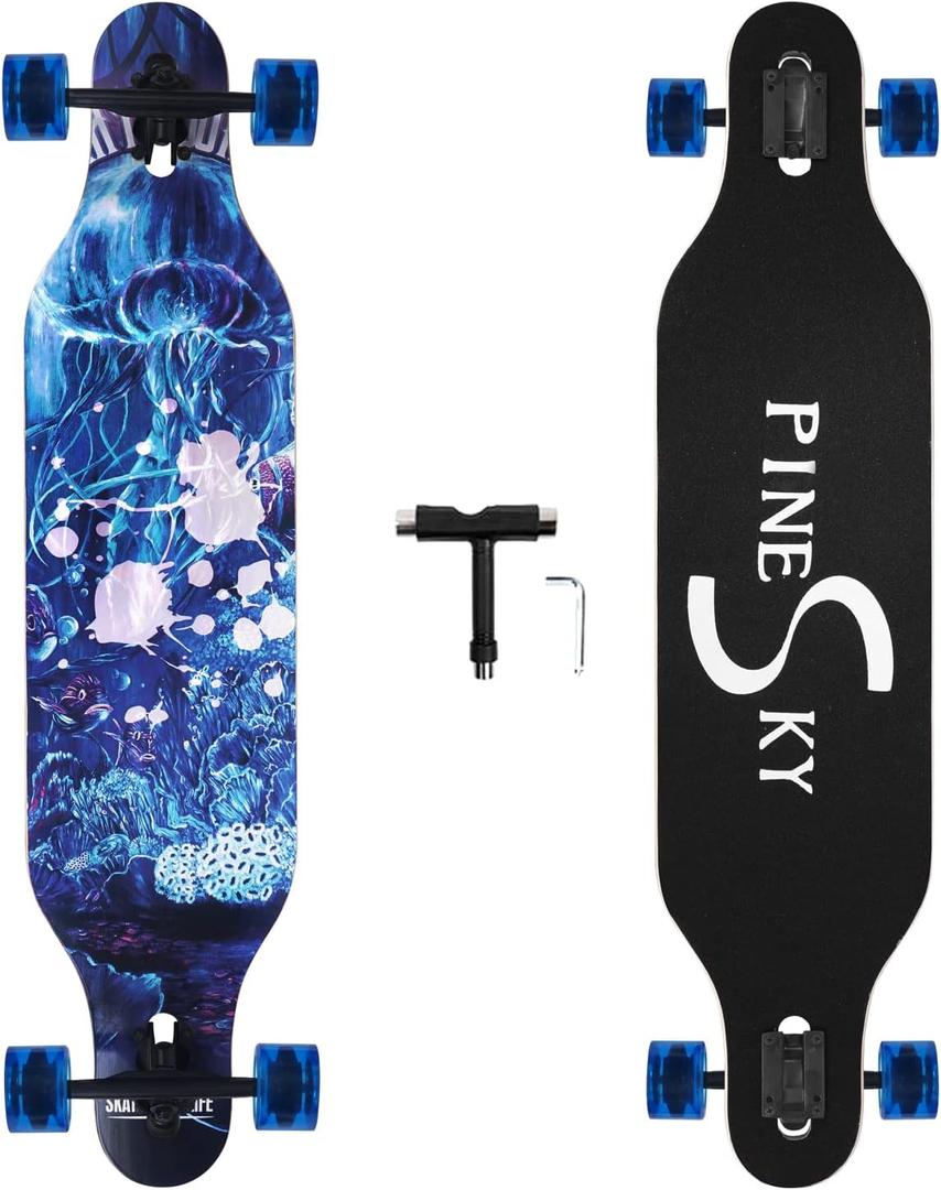 PINESKY 41 Inch Longboard Skateboard 8 Ply Natural Maple Complete Skateboard Cruiser for Cruising, Carving, Free-Style and Downhill with T-Tool (Jellyfish)