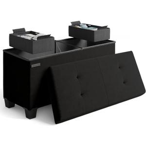 Storage Ottoman Bench with Bins, 30-in Storage Bench for Bedroom End of Bed, Folding Foot Rest Ottoman for Living Room Max 660lbs, Velvet Ottomans, Black