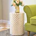 Chi An Home 19.3” Capiz Shell Ivory Checkered Cylinder Drum Side Table, 19.3" x 13.4"