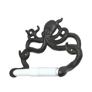Octopus Toilet Paper Roll Holder – Cast Iron Decorative Wall Mount – Distressed Nautical Finish with Mounting Hardware (Marine Dark Brown)
