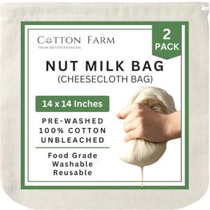 Cotton Farm - Ultra Dense Cheesecloth Bag - Nut Milk Bag - XL 14x14 Inch, All Purpose Cheese Making, Straining, Storage, Sprouting, 100% Unbleached Cotton, Washable & Reusable