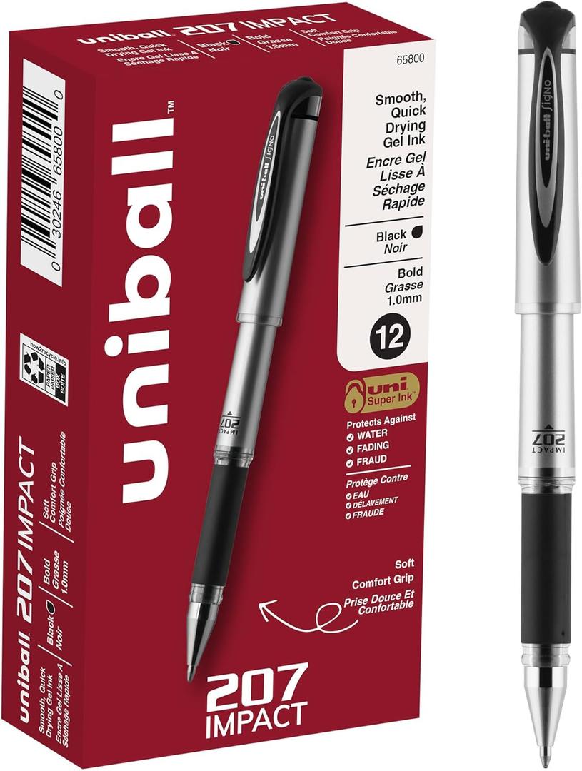 Uni-ball 207 Impact Gel Pens, Bold Point, 1.0 mm, Black; Gray Barrel, Black Ink, Pack Of 12
