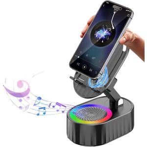 Wireless Induction Audio Bluetooth Speaker 5in1 Phone Holder Emergency Rechargeable (3000mAh) with Colorful Ambient Light 300 Foldable for Tablet iPhone Android, Gifts for Men Women (Black)