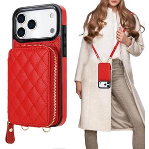 Bocasal Crossbody Wallet Case for iPhone 17 Pro Max, RFID Blocking PU Leather Zipper Handbag Purse Flip Cover, Kickstand Folio Case with Card Slots Holder Wrist Strap Lanyard 5G 6.9 Inch (Red)