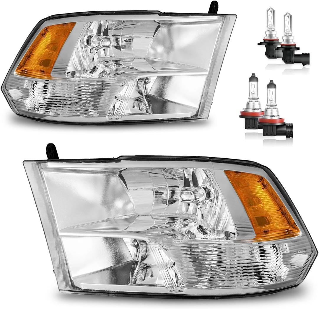 Headlights for 2009-2018 Dodge Ram 1500, for 2010-2018 Dodge Ram 2500 3500 with High/Low beam Bulbs, Driver & Passenger Side(ONLY fit Quad-Hole Single Headlight) (OE Replacement, A/Chrome Housing Amber Reflector Clear Lens)