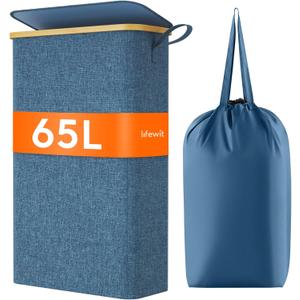 Lifewit 65L Slim Laundry Hamper with Lid, Narrow Laundry Basket with Removable Bag & Bamboo Handles, Fodable Thin Dirty Clothes Hamper for Laundry Collapsible Bin for Bathroom Bedroom Dorm, Dark Blue