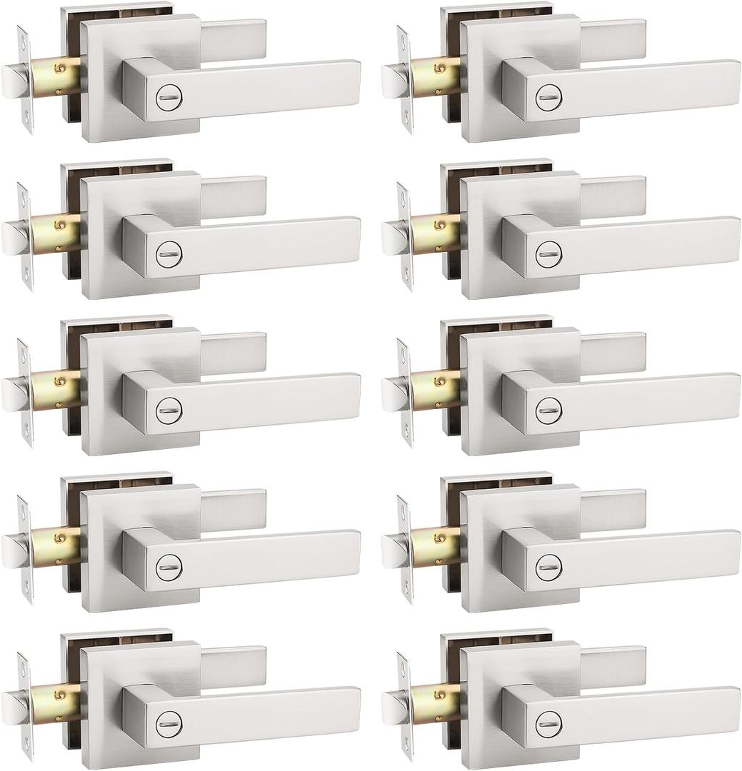 KNOBWELL 10 Pack Brushed Nickel Interior Door Handle, Privacy Door Knob with Lock Keyless Modern Square Bedroom Bathroom Door Handle(No Key)