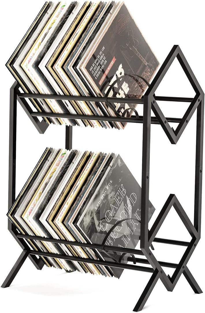 2-Tier-Vinyl-Record-Storage-Holder With Dividers, 200 LPs Albums Storage Rack Shelf, Steel Music Records Display Shelf Organizer For Book, Magazine, Files,Matte Black