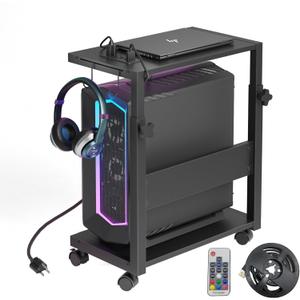 Computer Tower Stand with LED Light Strip,Mobile Rolling CPU Holder,Height Adjustable PC Tower Stand with Charging Station for Office Home (Black)