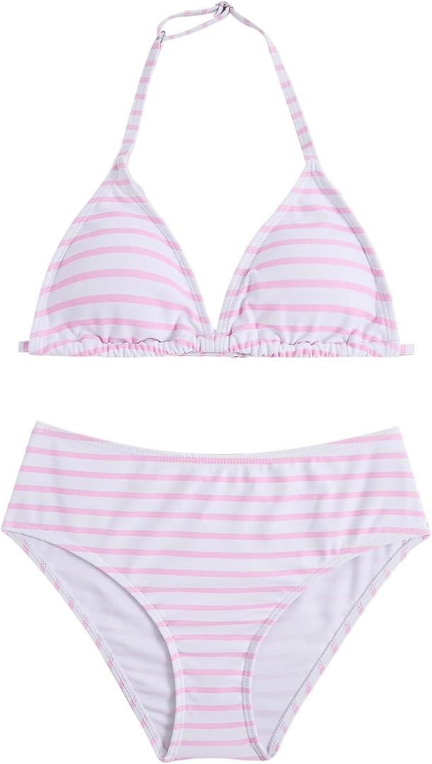 RoseSeek Girl's 2 Piece Bathing Suit Halter Triangle Swimsuit Bikini Sets (Pink, S/12Y)
