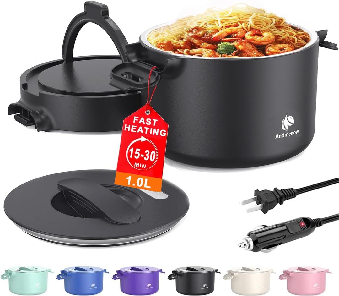Portable Electric Lunch Box, 33 Ounce Food Warmer Cooker,12/24/110V Upgraded Heated Lunch Box for Car/Truck/Office Ideal Men & Women's Gifts,Warming Soup,Meal,Spill-Free,100W,Black