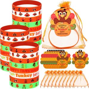 Liliful 72 Pcs Thanksgiving Fall Party Favors for Kids 24 Set Turkey Silicone Wristbands with Gift Tags and Organza Bags Thanksgiving Friendsgiving Goodie Bags for Classroom Students(Turkey Style)