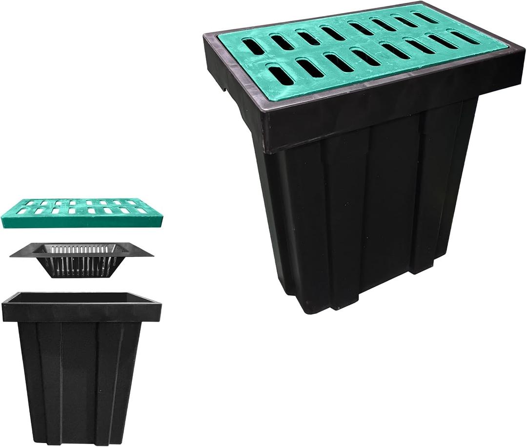 Catch Basin for Drainage with Fiber Glass Grate-22x14x24 in. Large Drainage Basin with Debris Basket,A15 French Drain Basin Without Reserved Hole for Yard,Downspout,Lawn,Municipal Pipeline