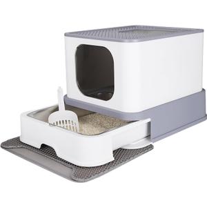 RIZZARI Foldable Cat Litter Box with Lid, Stainless Steel Litter Box with Litter Scoop, Top Entry Cat Toilet for Small to Big Cats (Light Gray) (Foldable,Black&White)