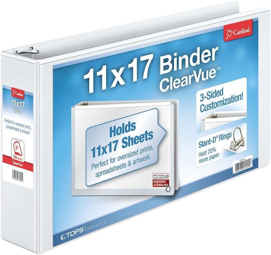 Cardinal Slant-D Ring 11" x 17" Tabloid ClearVue Binders, 3" Rings, 63% Recycled, White