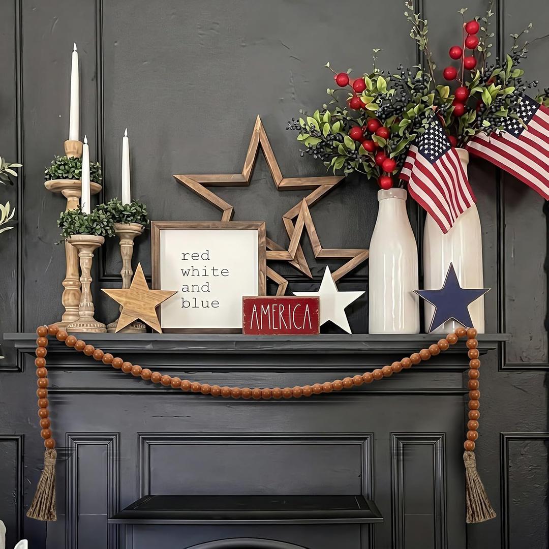 Amyhill 7 Pcs 4th of July Decorations Wooden Stars Set Patriotic Star Tiered Tray Decor with Wood Bead Garland American Red White Blue Decoration for Independence Day 250th Anniversary Table Decor