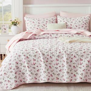 Oversized King Size Quilt Set 128x120 Pink Floral Extra Wide Super King Size Quilted Bedspread Coverlet 3-Piece Garden Style Flowers Reversible Comforter Bedding Set Bed Cover with 2 Pillow Shams | Lightweight Quilt, Cottagecore Quilt, Shabby Chic Floral, Garden Style Flowers, Blue Floral Quilt, Coquette Bedding Set
