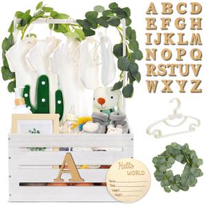 Barydat Wooden Baby Shower Crate Closet Basket with Handle Baby Announcement Sign Garland Hangers Large Letter, Wooden Gift Crate, Letters for Pregnancy New Parent Party(White)
