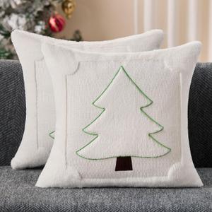 DFXSZ Christmas Pillow Covers 18x18 Green Line Creamwhite Christmas Tree Decoration Soft Plush Faux Fur Jacquard Throw Pillows for Bedroom Sofa Holiday Festivals Winter Home Decor PTK064E18