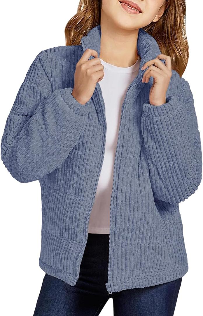 Floral Find Girls Long Sleeve Winter Jacket Coats Zip Up Stand Collar Corduroy Quilted Outerwear Jackets with Pocket (11 Years, Light Blue)