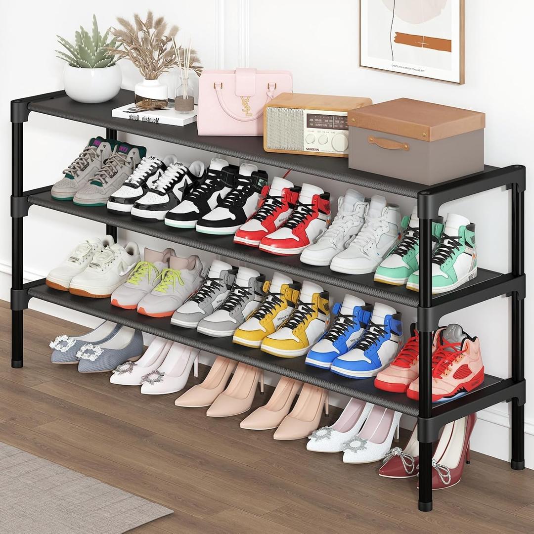 SAN HE Long Shoe Rack-Shoe Organizer 3 Tier Shoe Rack for Closet Front Door Entryway Garage, Stackable Free Standing and Freely Combinable Shoe Storage, Space Saving Small Shoe Shelves.