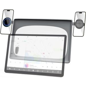 Tesla Display Phone Mount and Screen Protector TPU Frame Magnetic Stand and Socket Car Mount for Tesla Model 3 (2023-2017) Model Y (2024-2020) Phone Holder (3 in 1 Magnetic Stand+Socket Stand+Frame)