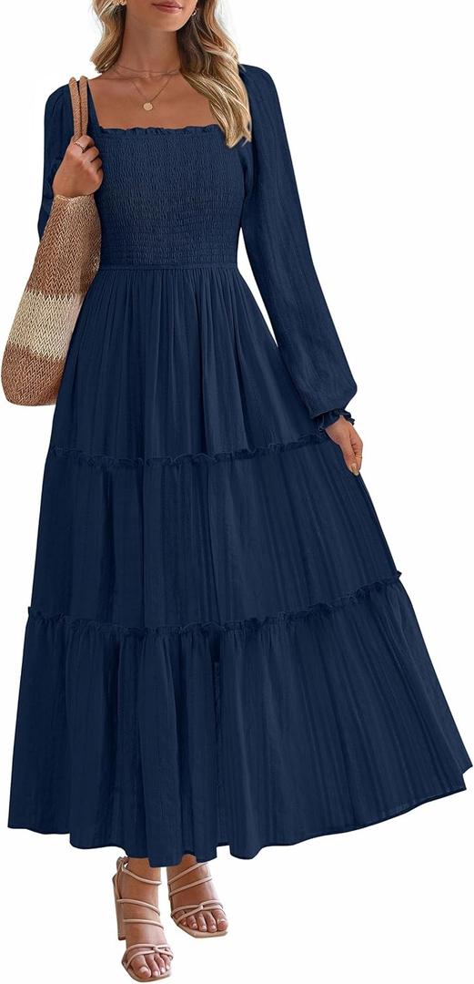 PRETTYGARDEN Fall Dresses for Women 2025 Casual Long Sleeve Smocked Ruffle Flowy Elegant Wedding Guest Maxi Dress Pockets (Large, Navy Blue)