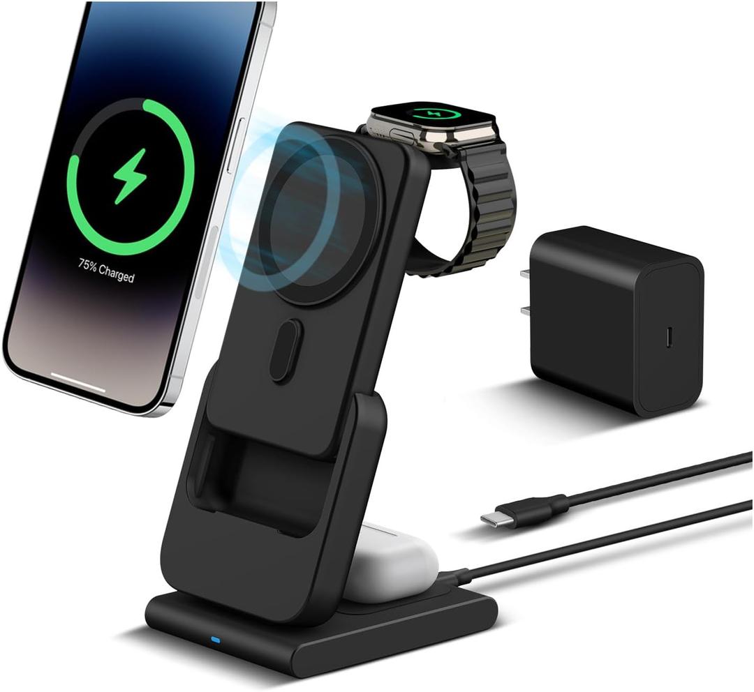 DDUAN 3 in 1 Wireless Charging Station, Foldable Fast Charger Stand with 5000mAh Mag-Safe Portable Battery Bank for iPhone 16/15/14/13/12, for All Apple Watch, for AirPods 2/3/Pro (Black)