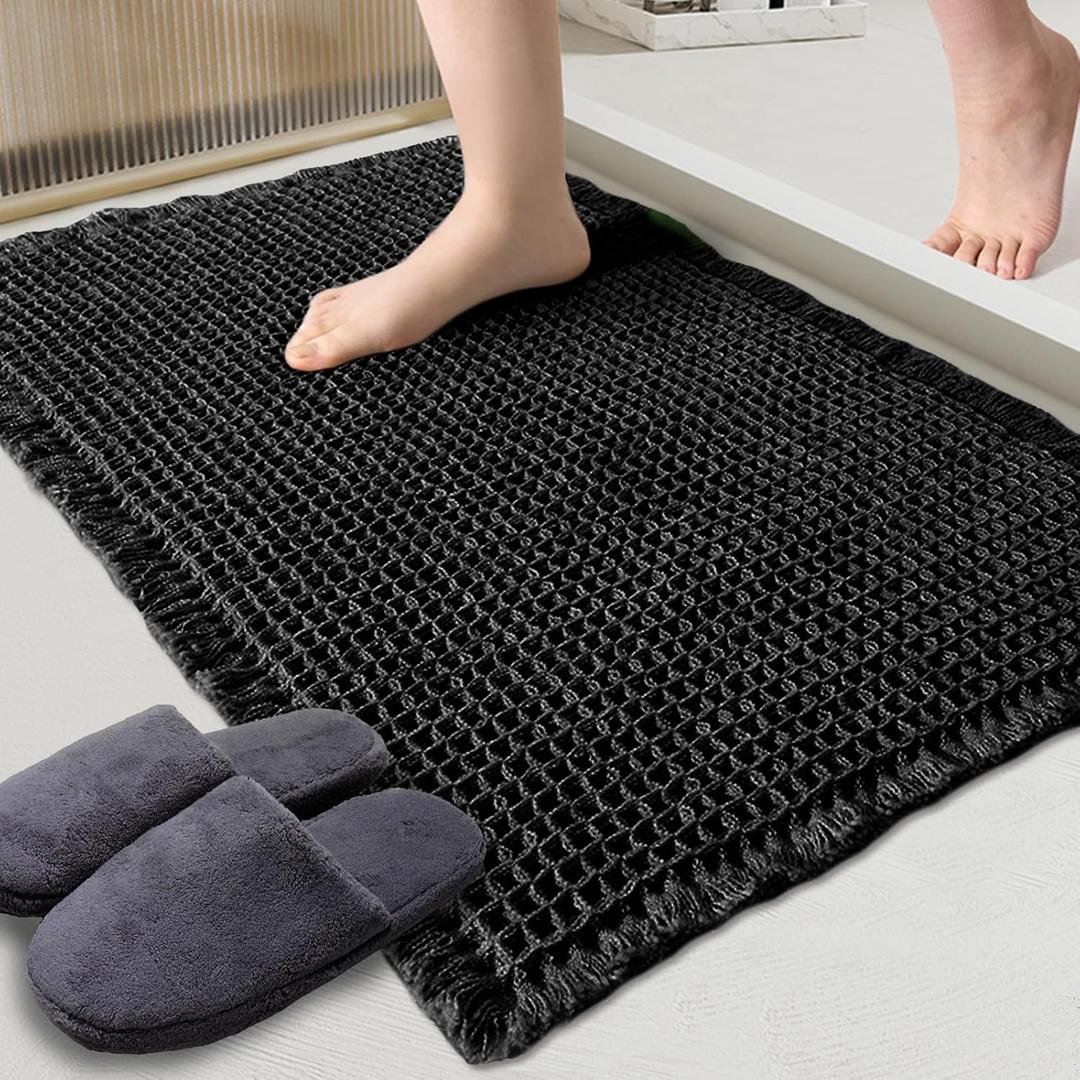 ZALL Waffle Bath Mat Black Super Absorbent Non Slip Bathroom Rug, Rhombus Geometric 24x36inch, Machine Washable Ultra Soft Floor Mats