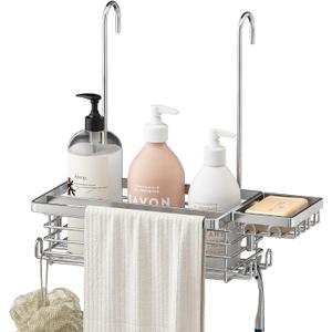 Hanging Shower Caddy, 304 Stainless Steel Shower Organizer with Towel Bar & Hooks, Over Shower Rod, Towel Bar or Glass Panel Storage Basket with Soap Holder, Rustproof Bathroom Caddy, 1 Pack