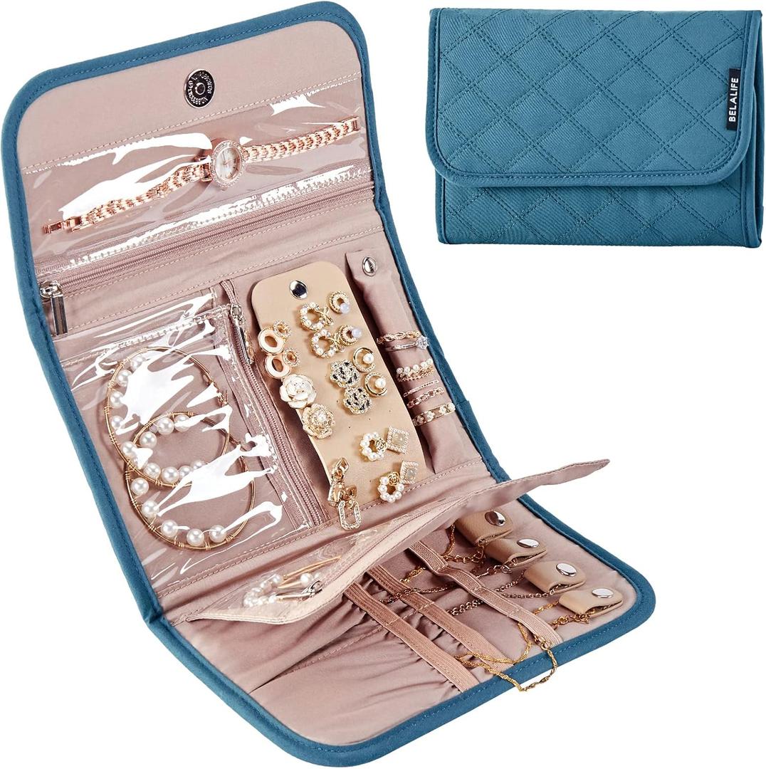 BELALIFE Travel Jewelry Case Organizer, Foldable Jewelry Storage Roll for Earrings, Necklaces, Rings, Bracelets, Brooches, Lake-Blue (Medium)