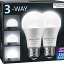 Briignite LED Light Bulbs,      50 100 150W Equivalent, 3 Way Light Bulbs, Three Way A19 Light Bulb E26 Medium Base, Daylight White 5000K, 500lm-1000lm-1500lm, 2Pack