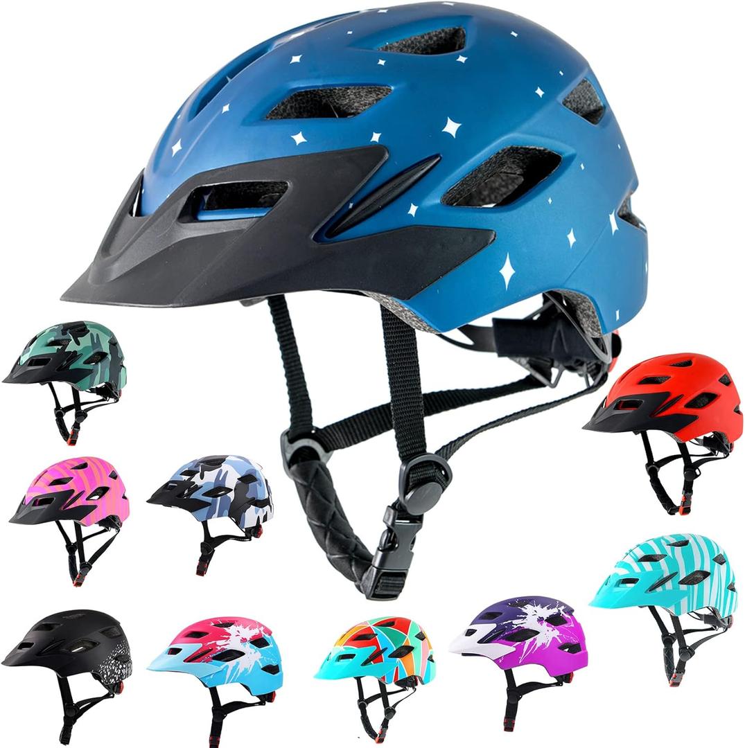 Kids Bike Helmet,Bavilk Kids Boys Girls Bike Helmets with LED Light Detachable Visor Children Youth Teen Multi-Sport for Skating Cycling Scooter Skateboard Adjustable & Lightweight 19.7"-22.4" (Matte Stars)