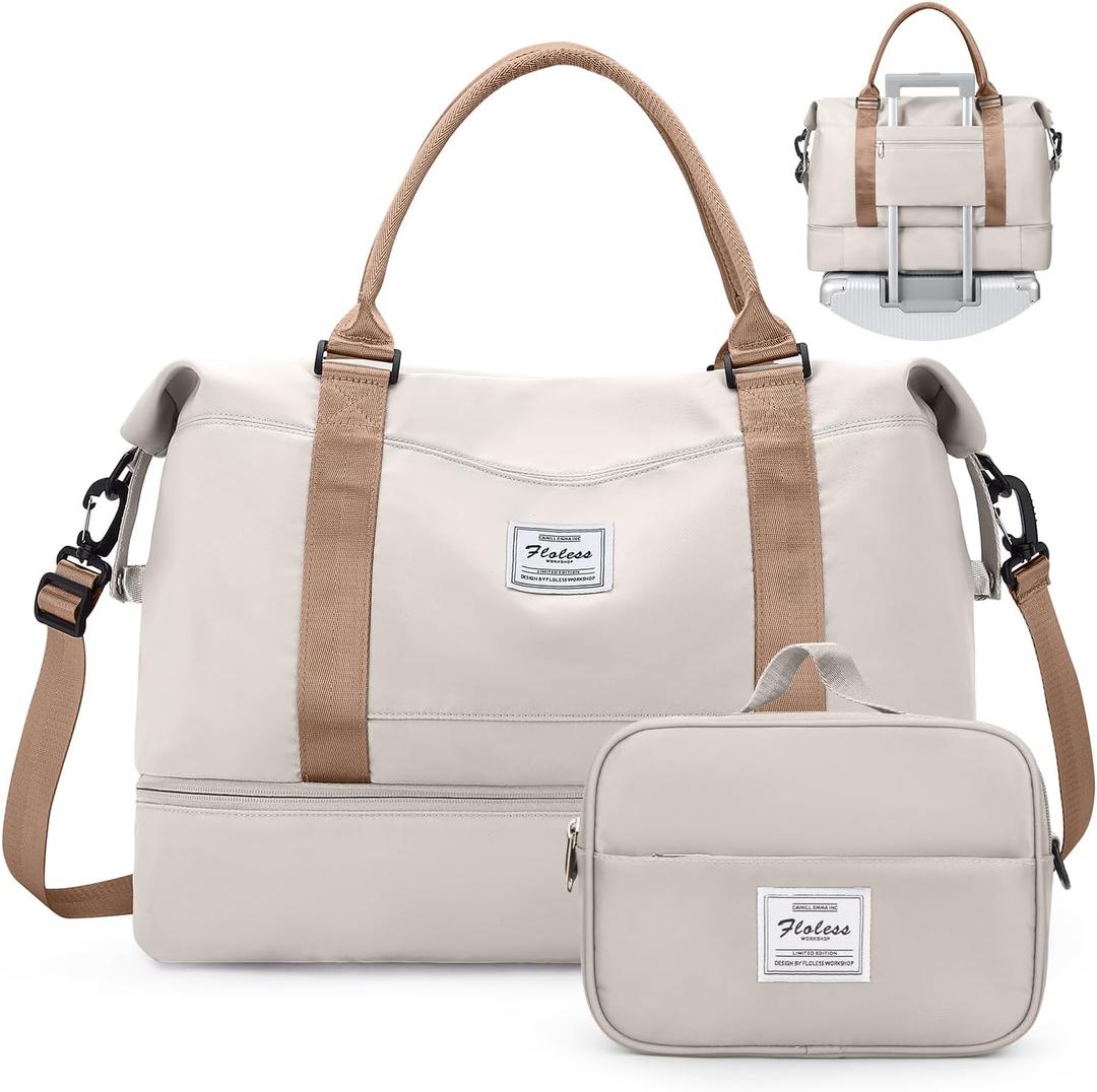 Weekender Bags for Women,Personal Item Travel Bag with Shoes Compartment,Overnight Travel Duffel Bag with Toiletry Bag (Large, Wr-Beige&Brown with Laptop Pocket)