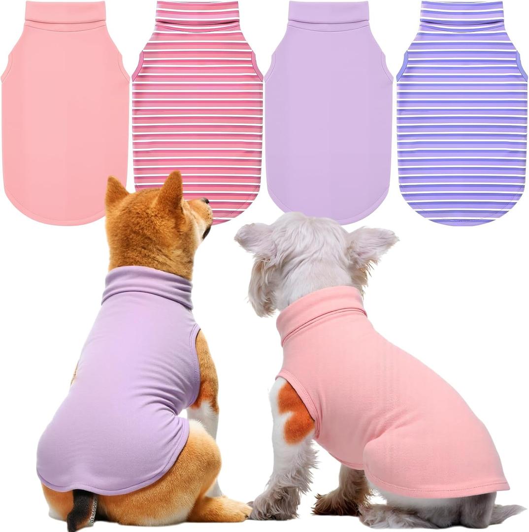 Abbylike 4 Pack Dog Shirts, Spring Lightweight Stretchy Dog Turtleneck, Breathable Soft German Velvet Sleeveless Puppy Base Layer Vest for Pet Indoor Outdoor Wears(Blush Pink and Purple,M)
